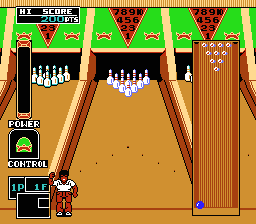 Championship Bowling (NES) screenshot: The African man on lane 2.