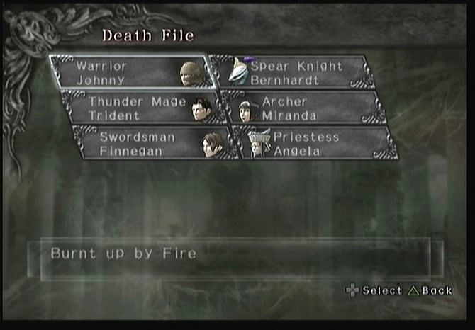 Trapt (PlayStation 2) screenshot: "Death File" where you see the enemies you killed during the last mission.