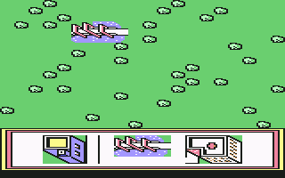Stickybear: Town Builder (Commodore 64) screenshot: Let's build a town. I am adding a bridge.