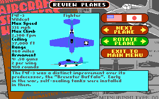 Battlehawks 1942 (DOS) screenshot: Review Planes - F4F-3 Wildcat