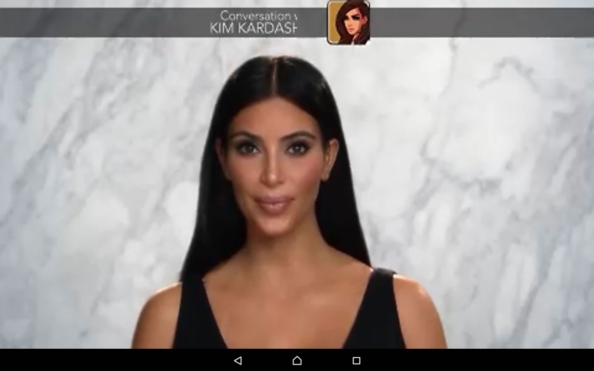 Kim Kardashian: Hollywood (Android) screenshot: Kim informs the player about an update in a video message.