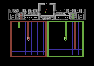 Raster Runner (Commodore 64) screenshot: As you move your bike, it leaves an energy trail which can be used to surround your opponent