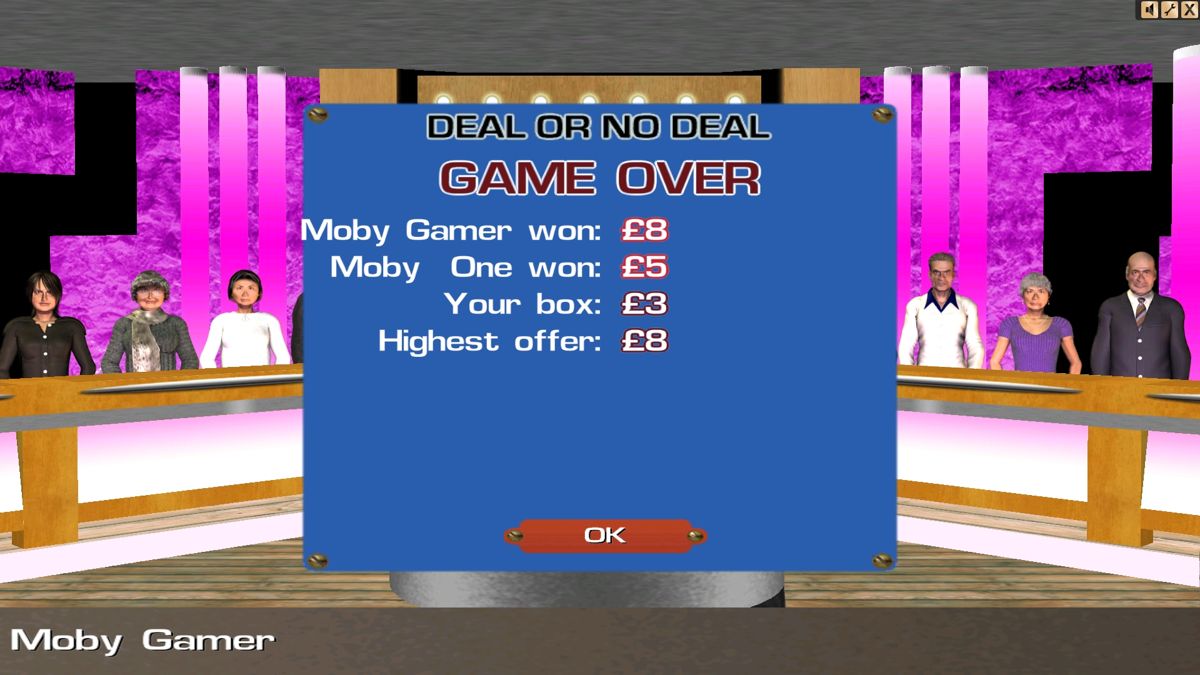 Deal or No Deal: The Official PC Game (Windows) screenshot: Cash Game: Game Over. Both players took a deal and won more cash than was in the final box but one deal was higher than the other