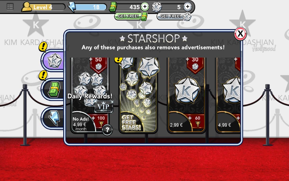 Kim Kardashian: Hollywood (Android) screenshot: In-app purchases for K-Stars, the premium currency