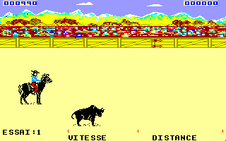 Rodeo (Amstrad CPC) screenshot: Starting the rodeo with bull...