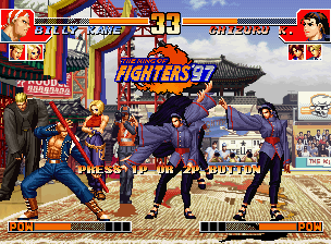 The King of Fighters '97 (Neo Geo CD) screenshot: Demonstrative battle: Chizuru uses her move 212 Katsu Otsu Shiki: Choumon no Isshin against Billy...