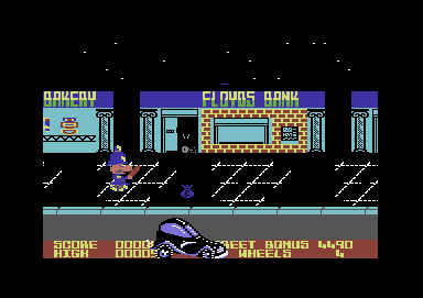 P.C. Fuzz (Commodore 64) screenshot: A money bag is thrown into the black car