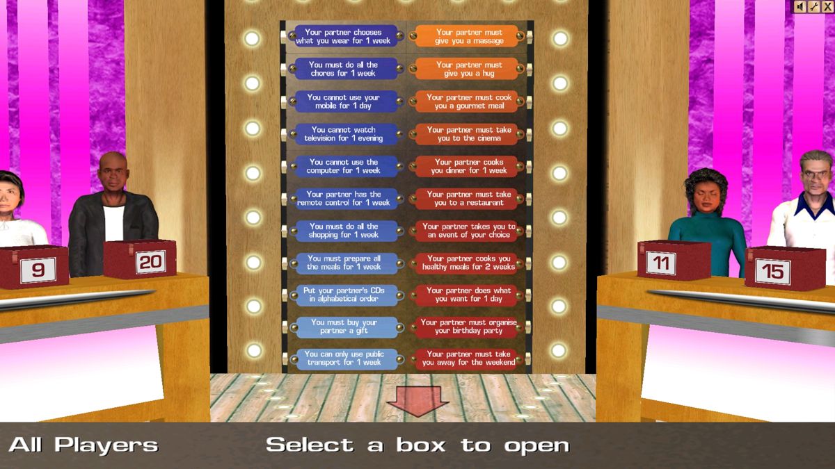 Deal or No Deal: The Official PC Game (Windows) screenshot: Forfeit Game: This is not played for cash, these are the forfeits offered in the Couples game