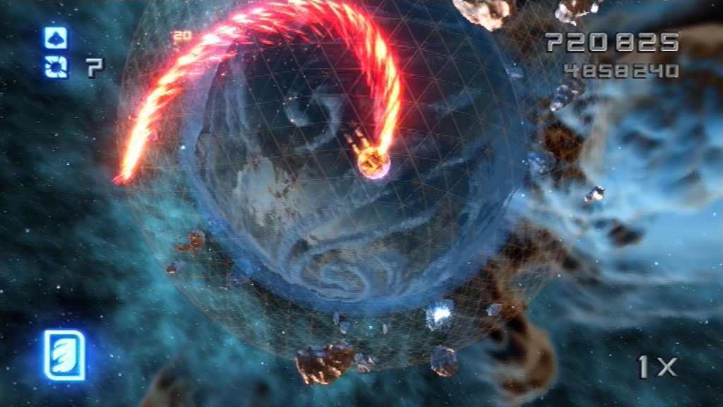 Super Stardust HD (PlayStation 3) screenshot: The Gold Melter is a huge laser that can be spread across.