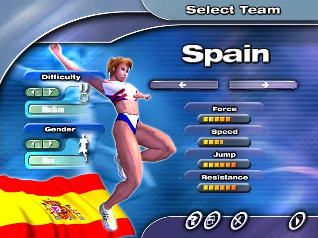 Sergei Bubka's Millennium Games (Windows) screenshot: Team arcade main menu screen: here you choose the national team, gender and dificulty.