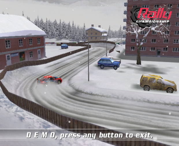 Rally Championship (GameCube) screenshot: Demo mode in the Arctic Lapland Rally, a drifting Havoline Subaru Impreza.
