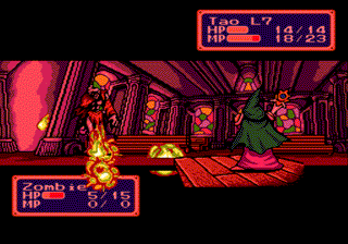 Shining Force (Genesis) screenshot: Nothing like a Blaze2 spell to bring fire down on the enemy