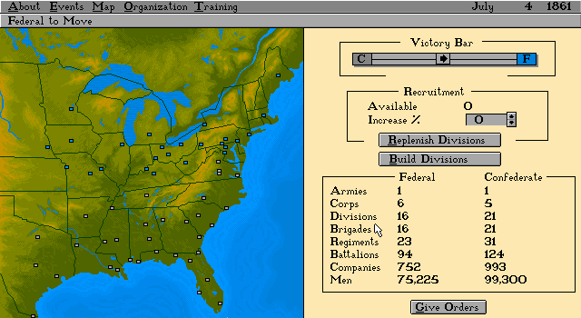 Edward Grabowski's The Blue & The Gray (DOS) screenshot: At-a-glance overview of how the war is going