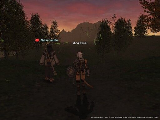Final Fantasy XI Online (Windows) screenshot: Sunset and wind storm in La Theine Plateau