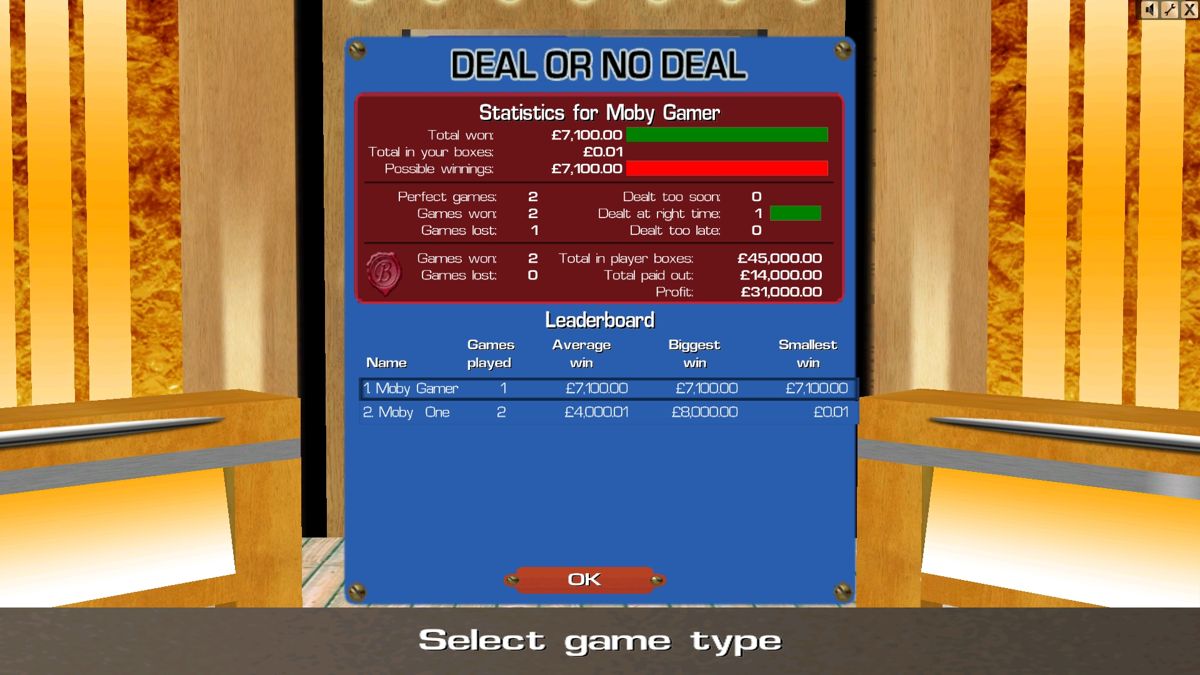 Deal or No Deal: The Official PC Game (Windows) screenshot: The game keeps statistics for each player