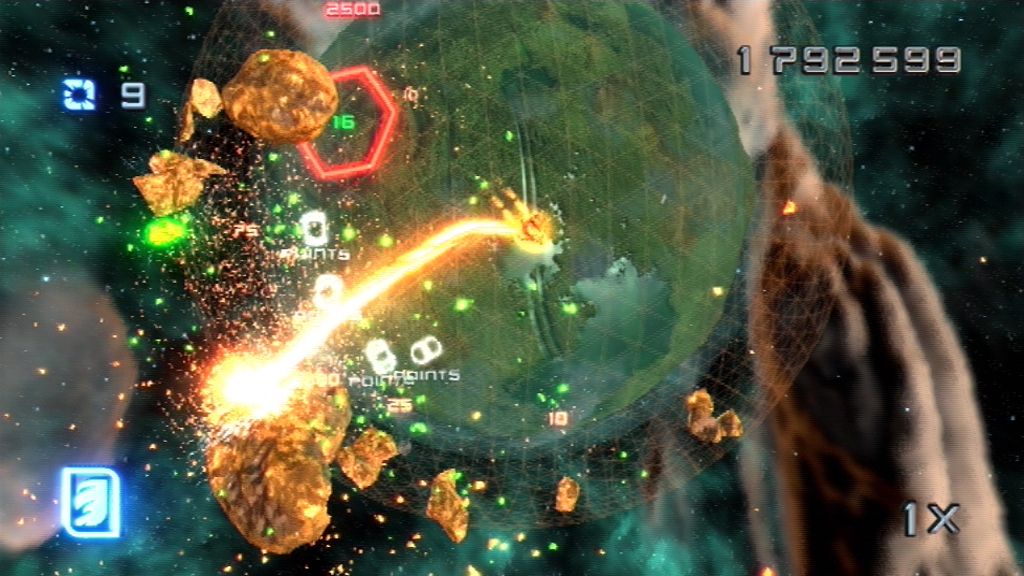 Super Stardust HD (PlayStation 3) screenshot: Onto the next world - this one features gold asteroids, so use the Gold Melter.