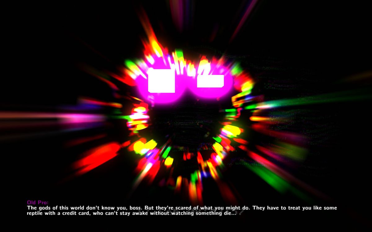 The Magic Circle (Windows) screenshot: Old Pro takes you to the real game and shows you the powers you can find in the cracks.