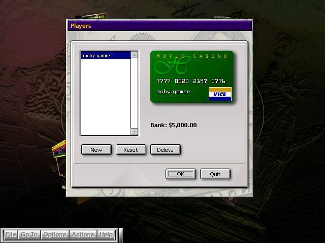 Hoyle Slots & Video Poker (Windows) screenshot: After loading the game and setting up a player id Moby Gamer is now a member of the casino