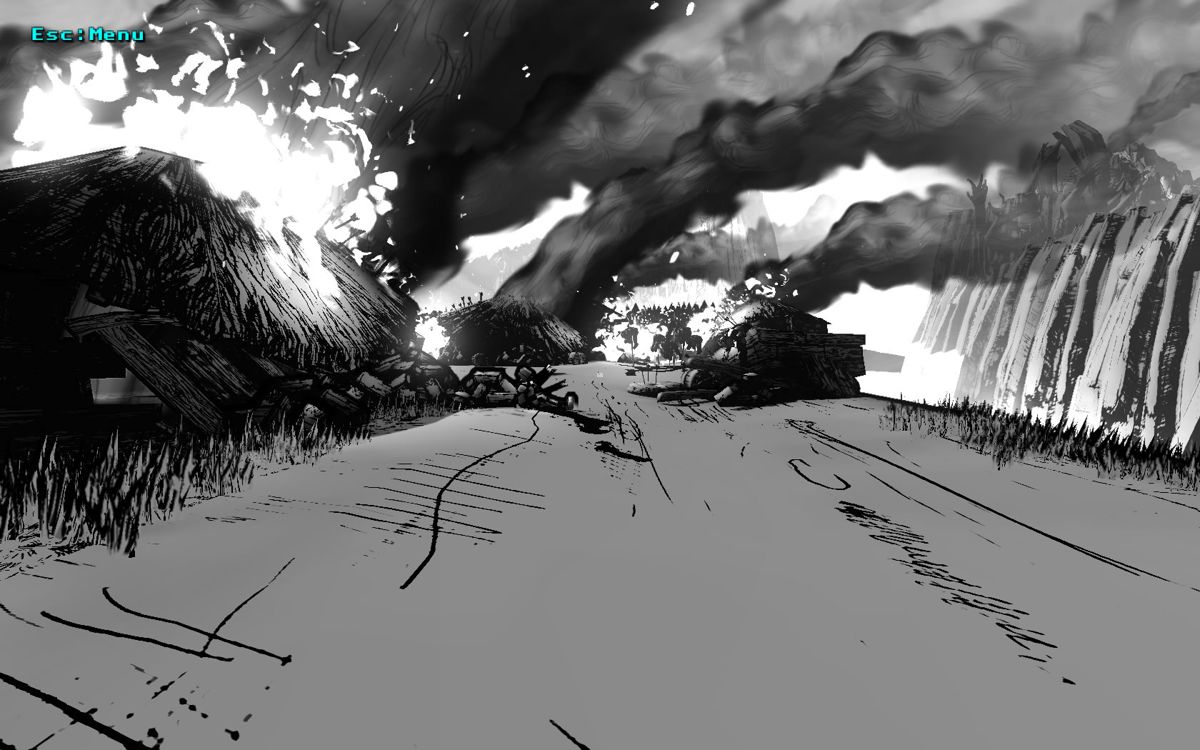 The Magic Circle (Windows) screenshot: The start of the fantasy game <i>The Magic Circle</i>, as a grayscale village on fire.