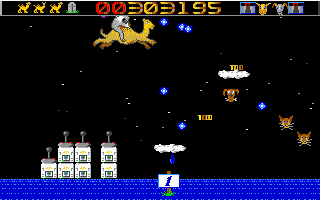 Revenge of the Mutant Camels (DOS) screenshot: Engaging rainclouds in deadly combat.