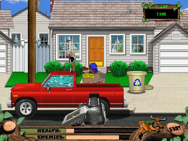 Deer Avenger 2: Deer in the City (Windows) screenshot: Armpit Estates -- tranquilized the mailman and started taking out automobile windows.