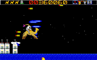 Revenge of the Mutant Camels (DOS) screenshot: Enjoying a firepower power-up.