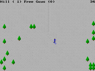 Ski King (DOS) screenshot: Skiing down the hill.