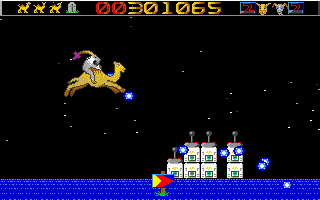 Revenge of the Mutant Camels (DOS) screenshot: Taking my buddy for a ride!
