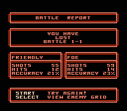 Battleship (NES) screenshot: The battle report, I lost.