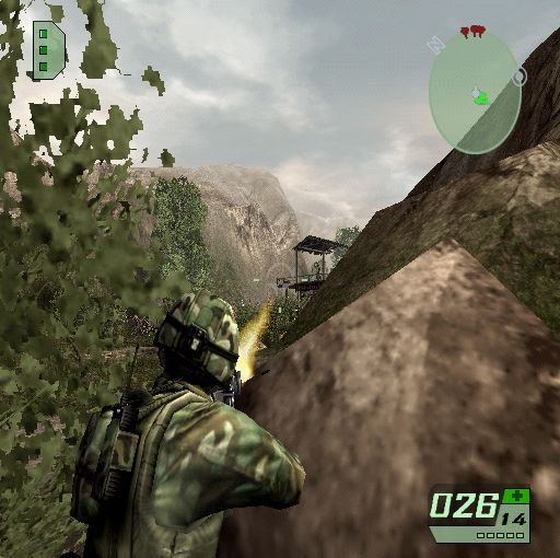 Tom Clancy's Ghost Recon 2: 2007 - First Contact (PlayStation 2) screenshot: Campaign Mode: Spotted by a guard and returning fire