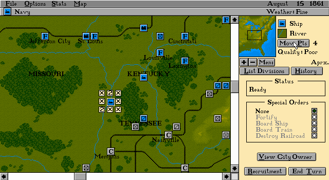 Edward Grabowski's The Blue & The Gray (DOS) screenshot: Indicating movement penalties for nearby terrain. This unit being a boat, its options are understandably limited