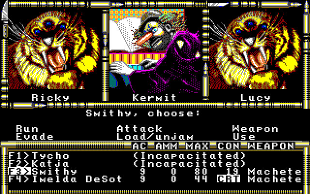 Fountain of Dreams (DOS) screenshot: Showdown with Kermit Eli - Paranoid Patriarch of the Killer Clowns