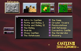 Castles II: Siege & Conquest (DOS) screenshot: The CD version comes with several short documentaries.