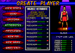 NBA Hangtime (Genesis) screenshot: Create a player-screen