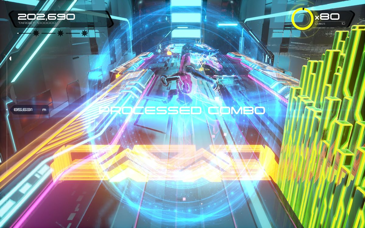 Tron RUN/r (Windows) screenshot: Jumping over an obstacle with style.
