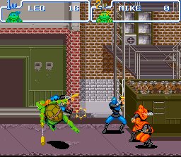Teenage Mutant Ninja Turtles: Turtles in Time (SNES) screenshot: There are over 20 different moves for each turtle.