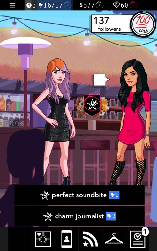 Kendall & Kylie (Android) screenshot: Performing tasks at a party. The blue icon shows how much energy they consume and the available energy is shown near the top.