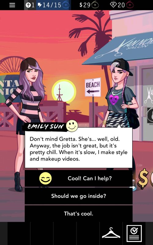 Kendall & Kylie (Android) screenshot: Dialogue options, talking outside to Emily Sun.