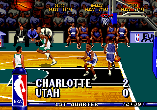 NBA Hangtime (Genesis) screenshot: The score appears after every basket.