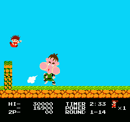 Kid Niki: Radical Ninja (NES) screenshot: that's some powerful breath you got there