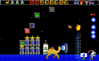 Revenge of the Mutant Camels (DOS) screenshot: A fearsome firepower, while all array of bonuses and penalties fall from the sky.