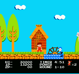 Kid Niki: Radical Ninja (NES) screenshot: now that's what I call dedication to your job
