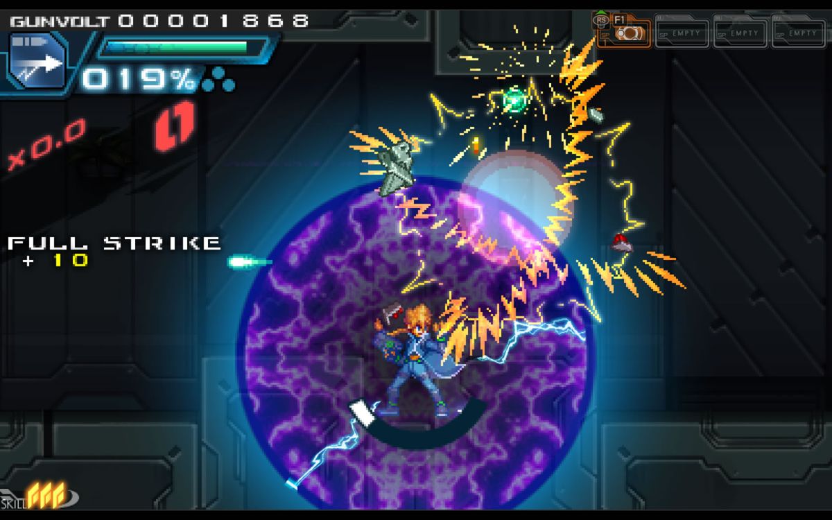 Azure Striker Gunvolt (Windows) screenshot: The electric field does a full strike.