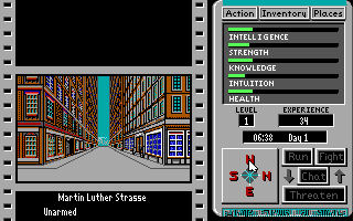 The Third Courier (DOS) screenshot: Taking a stroll down Martin Luther.