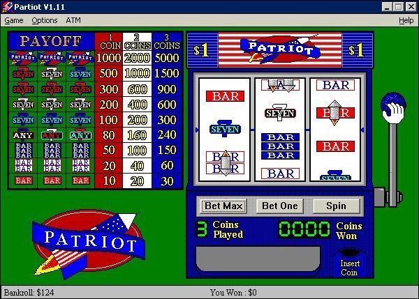 Patriot Slots (Windows) screenshot: The player can use the buttons below the reels to play or they can use the mouse to 'pull' the handle and to put coins into the coin slot