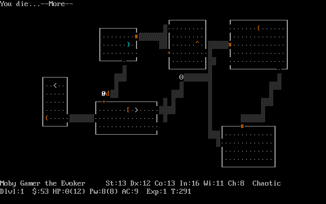 NetHack (DOS) screenshot: Unfortunately without my pet my wizard is pretty wimpy.