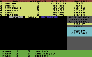 Phantasie II (Commodore 64) screenshot: Combat options
