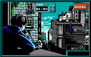 Hostage: Rescue Mission (DOS) screenshot: Scaling the side of the building (EGA).