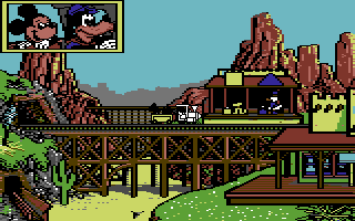 Goofy's Railway Express (Commodore 64) screenshot: Over a bridge.