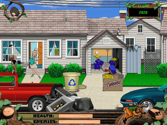 Deer Avenger 2: Deer in the City (Windows) screenshot: Armpit Estates -- taking on the busybody soccer mom.